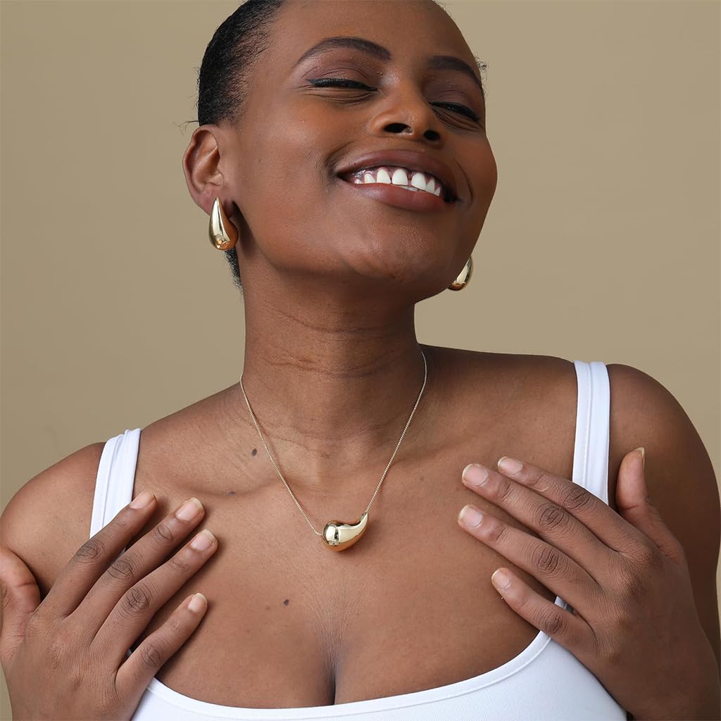 SANNIDHI Gold Necklace Set for Women Stylish Teardrop Studs Earrings Lightweight Aolly Water Drop Pendent Necklace Jewellery Set Birthday Gift for Women and Girls - 3 Pcs SANNIDHI Gold Necklace Set for Women Stylish Teardrop Studs Earrings Lightweight Aolly Water Drop Pendent Necklace Jewellery Set Birthday Gift for Women and Girls - 3 Pcs